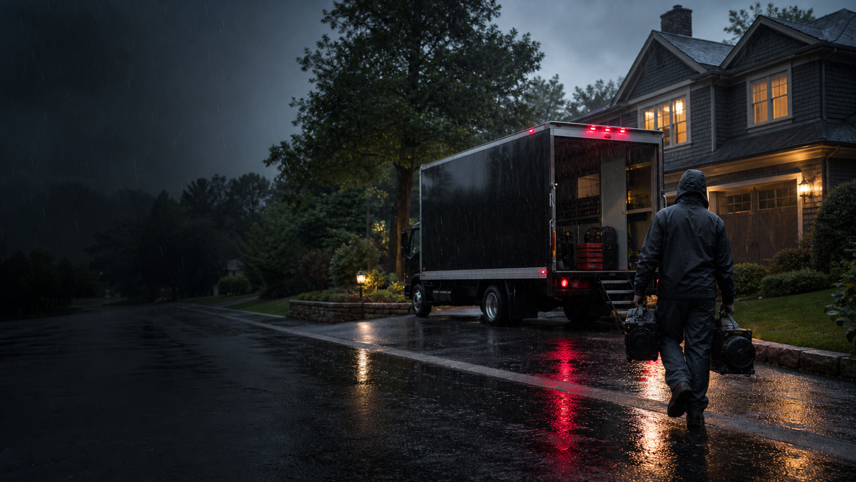 Restoration technician arriving at a home during a rainstorm